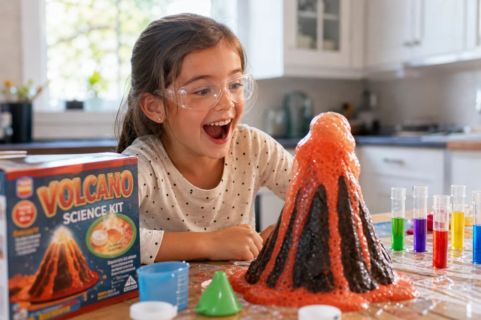 Girl amazed by an erupting volcano experiment at the kitchen table
